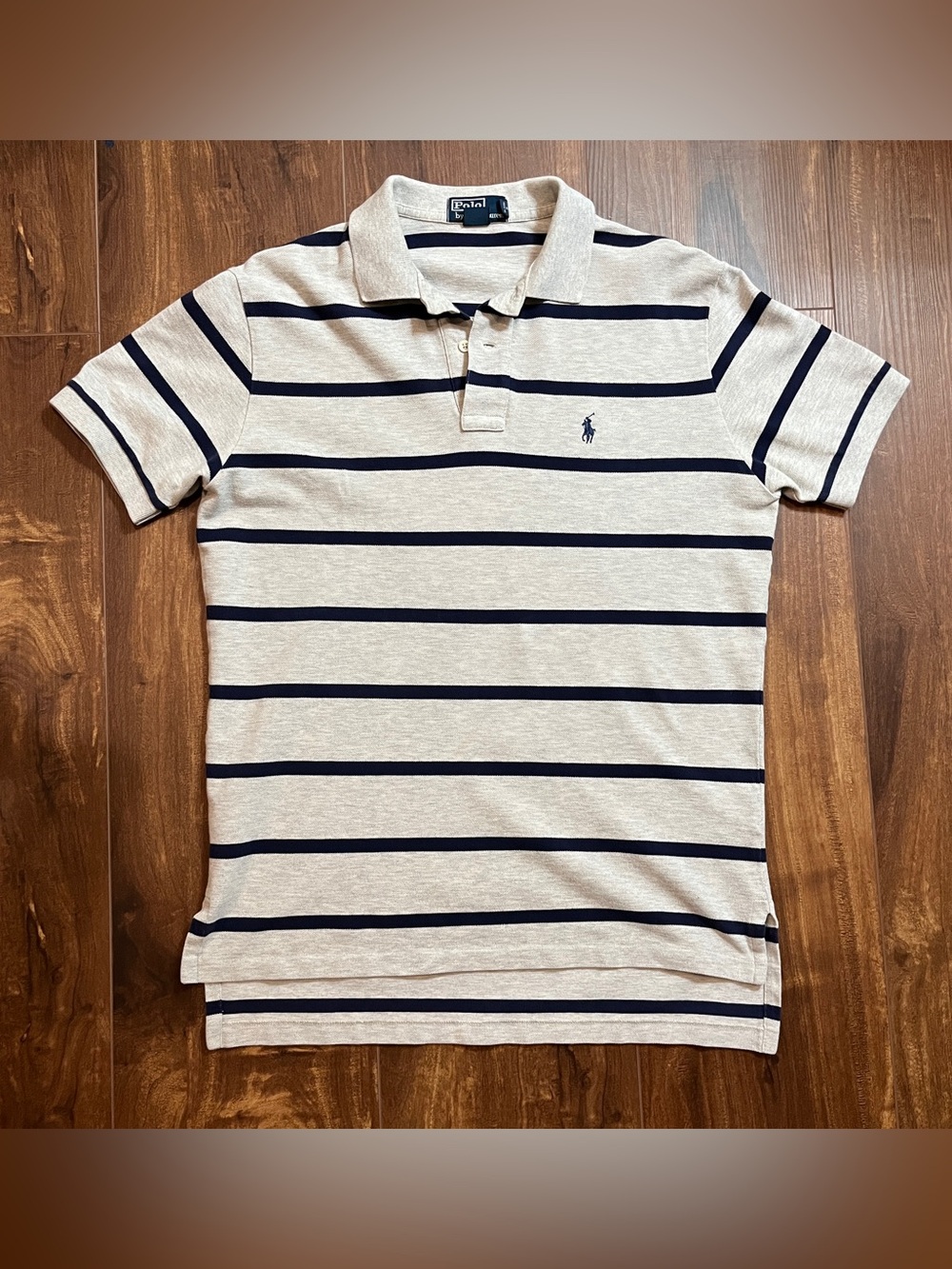 Ralph Lauren Grey Navy stripes rugby polo shirt sporty golf preppy casual